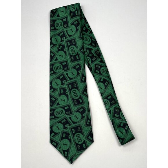 VTG MONOPOLY Mens Classic Green/Black Money Print NECKTIE Neck Tie Korea EUC - Picture 1 of 3